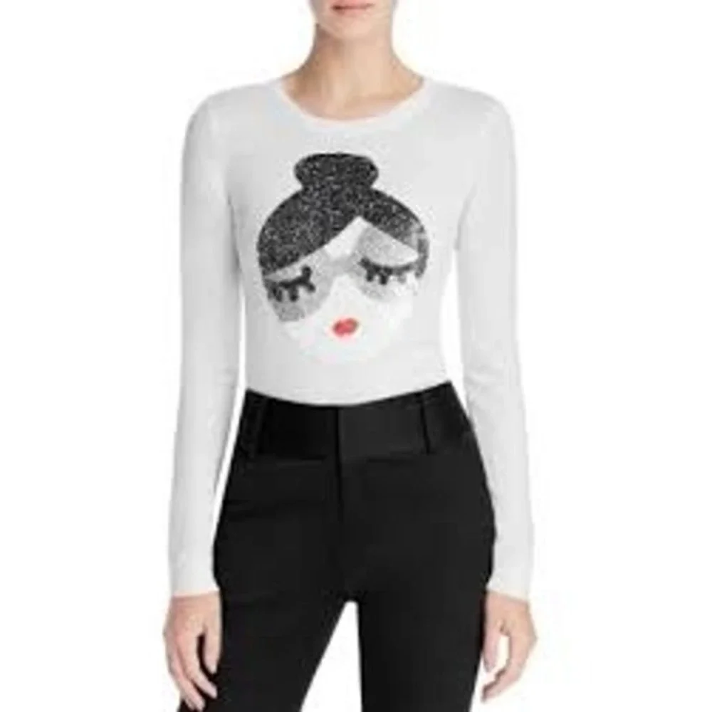 Alice + Olivia Sweater Womens White Stacey Face Sequin Wool Crew Neck C610711910